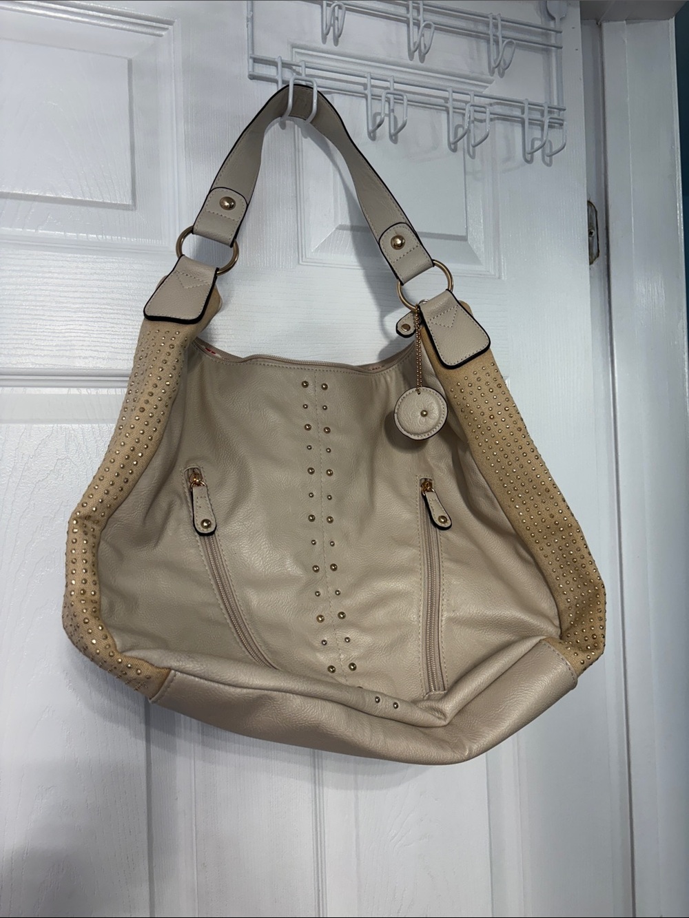 Neutral Beige Studded Shoulder Hobo Bag
